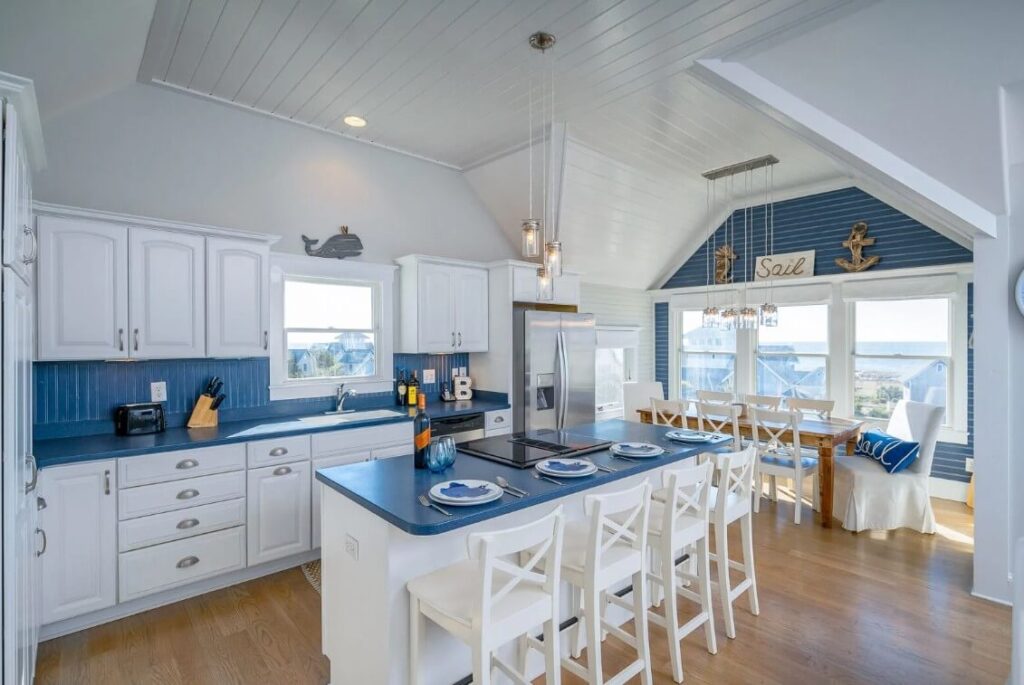The kitchen of a Bald Head Island vacation rental to enjoy take-out from local restaurants in.