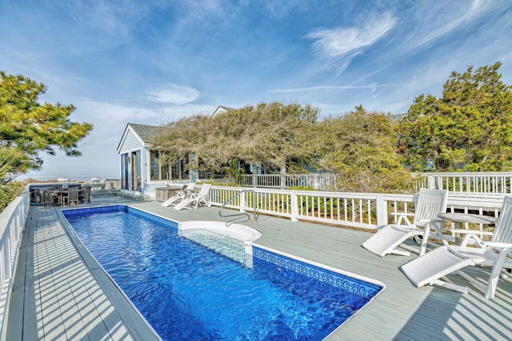 The pool of a Bald Head Island rental to relax in on a summer vacation in North Carolina.
