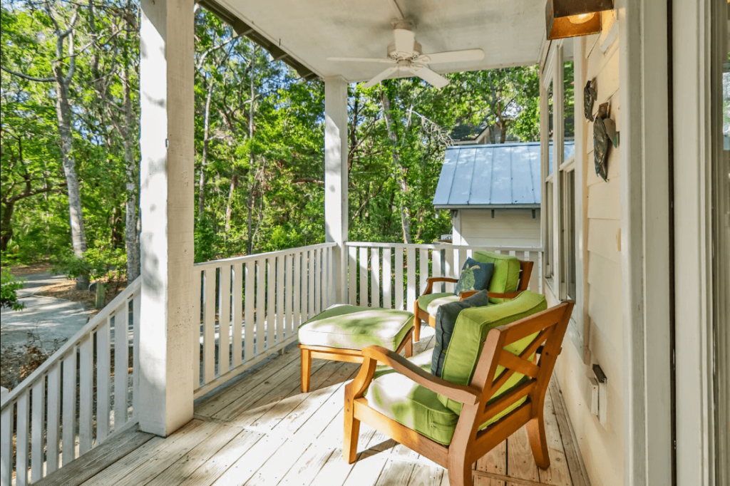 The front porch of a Bald Head Island rental close to local attractions.
