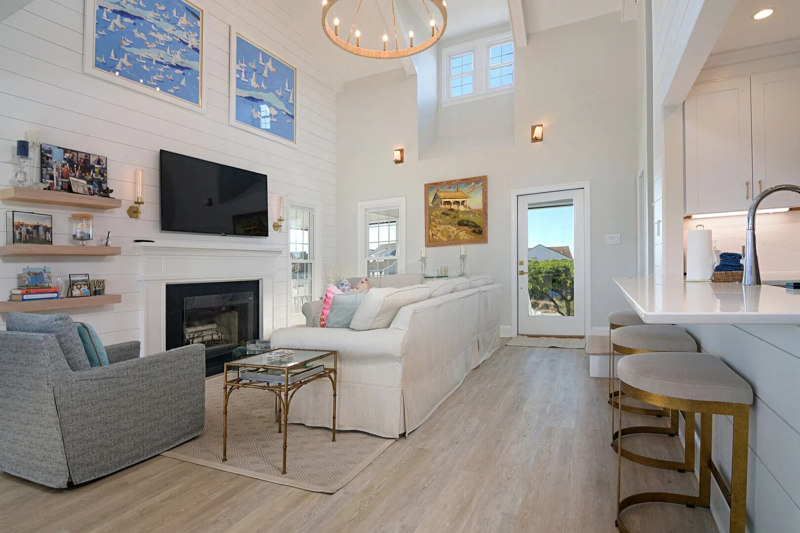 A vacation rental's living room to relax in when researching what to do on a Bald Head Island spring break.